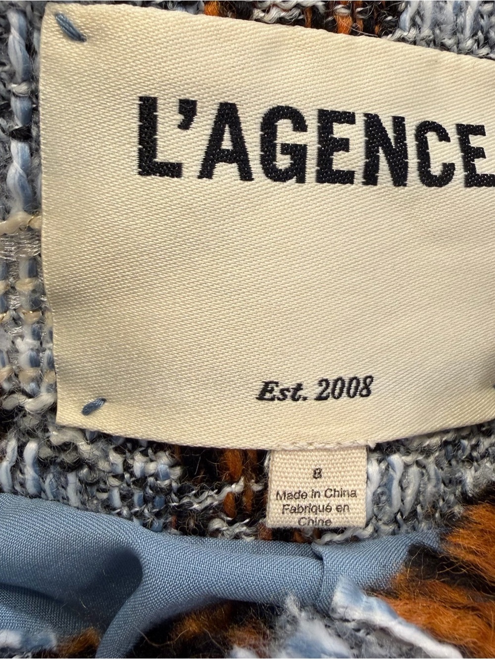 L’Agence Angelina Tweed Jacket Blue Brown Fringe Blazer Size 8 - Picture 2 of 15